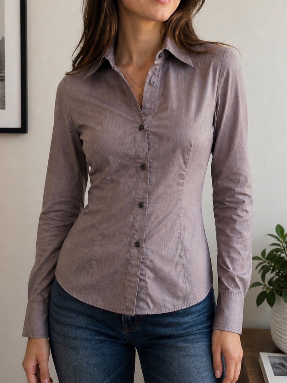 New York & Company Women's Gray Slim Fit Button-Down Long Sleeve Blouse S